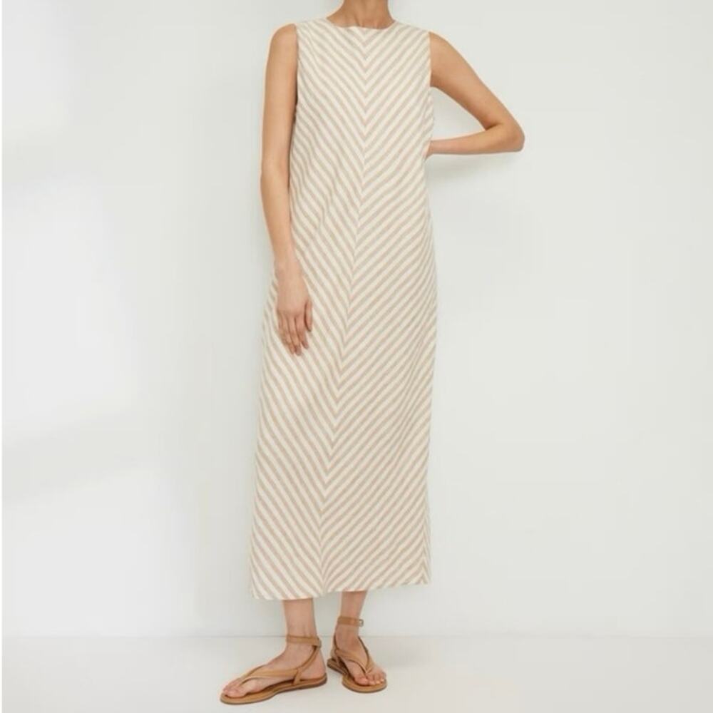 Everlane The Linen Bias Cut Chevron Maxi Sleevless Tan White Dress Bone/Caramel